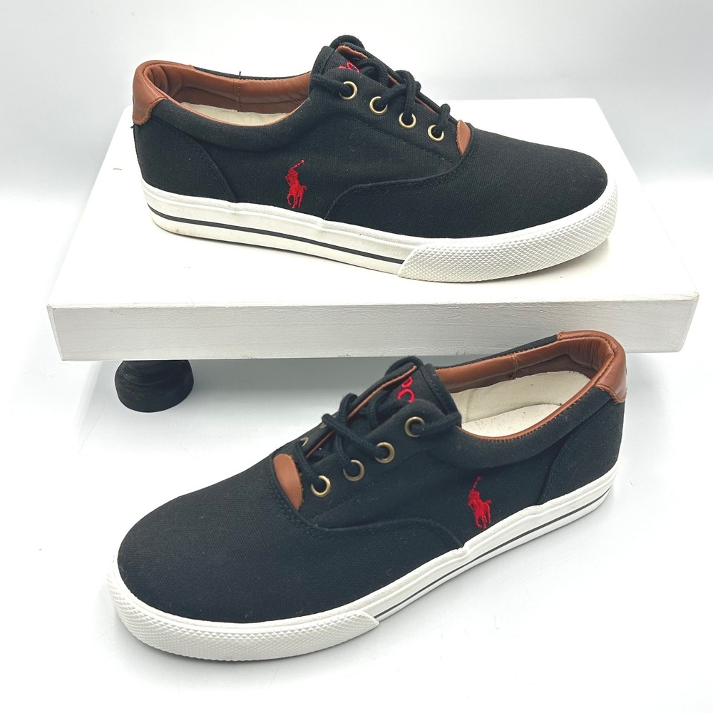 Polo Ralph Lauren Vaughn Sneaker Black Mens Size 5.5 Canvas Leather Trim EUC Red